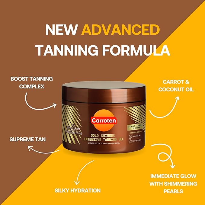 Carroten Gold Shimmer Intensive Tanning Gel 150 ml - Tan Express Accelerator for Shine Brown - Sunbed Tanning Accelerator - Sunscreen without SPF - British D'sire