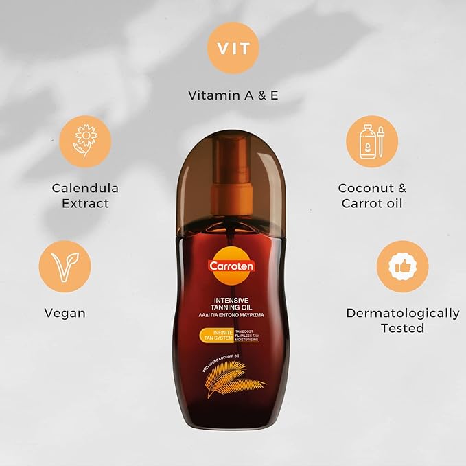 Carroten Intensive Tanning Oil 125 ml - Tan Accelerator with Carrot and Coconut Oils - Sunbed Tanning Accelerator with Vitamin A & E - without SPF - British D'sire