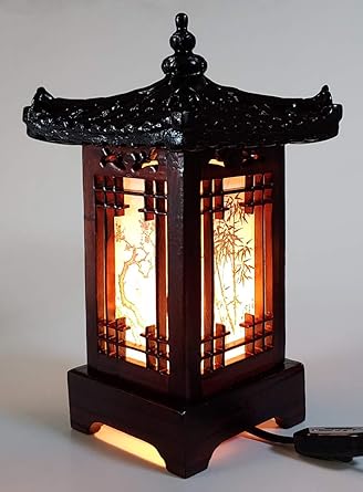 Carved Wood Table Lamp Handmade Traditional Korean Kingdom Hanok Window Design Vintage Lamp Nightlight Art Home Deco Lantern Brown Asian Oriental Bedside Bedroom Accent Unusual Retro Light (House) [Energy Class F] - Candles & Lanterns - British D'sire