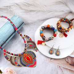 CASSIECA Bohemian Jewelry Set for Women Ethnic Style Costume Necklace Multilayer Boho Stretch Beaded Bracelet Vintage Dangle Earrings Boho Rings - Jewellery & Watches - British D'sire