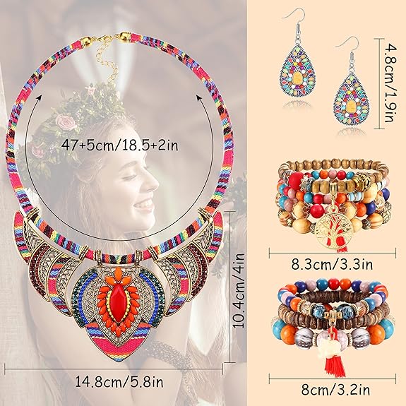 CASSIECA Bohemian Jewelry Set for Women Ethnic Style Costume Necklace Multilayer Boho Stretch Beaded Bracelet Vintage Dangle Earrings Boho Rings - Jewellery & Watches - British D'sire