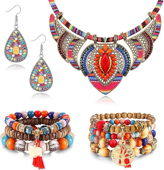 CASSIECA Bohemian Jewelry Set for Women Ethnic Style Costume Necklace Multilayer Boho Stretch Beaded Bracelet Vintage Dangle Earrings Boho Rings - Jewellery & Watches - British D'sire