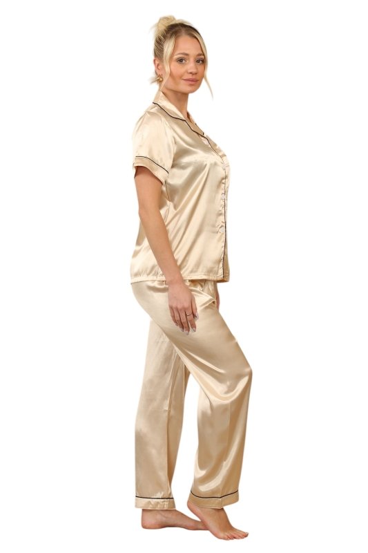 Champagne Satin Pajama Set – Elegant & Comfortable Sleepwear for Women - Loungewear pjs - British D'sire