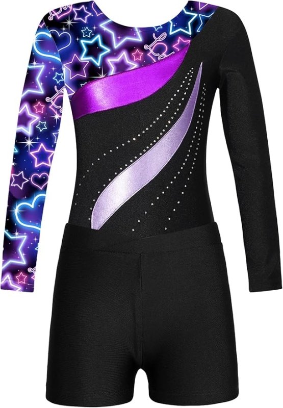 CHICTRY Kids Girls Long Sleeve Gymnastics Leotard Workout Bodysuit with Shorts 2 Pieces Set Tracksuit Tumbling Dance Outfits - Dresses - British D'sire