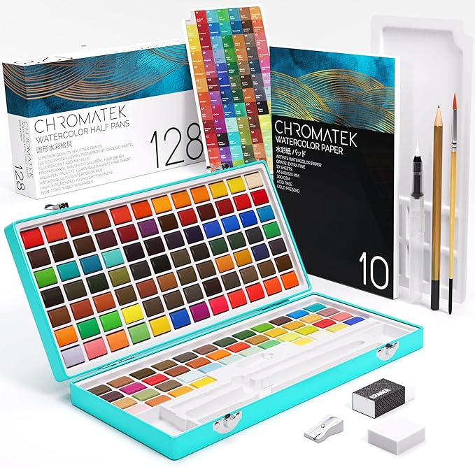 CHROMATEK Watercolor Paint Set, 128 Vivid Colors in Portable Box, With Pad, Brushes and Everything Else you Need to Start Painting, Travel Kit - Art & Craft - British D'sire