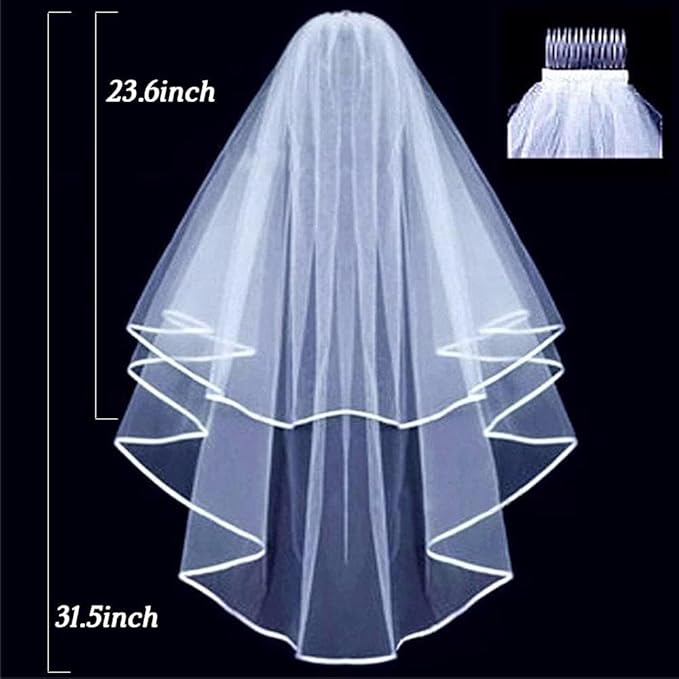 CICILIAYA Bridal Veil Wedding Vails Women's White Ivory Tulle Short Veils Ribbon Edge With Comb for Brides Shower Bachelorette Hen Party Chucky Costume Dress Up Gift Halloween Girls First Communion - Wedding Clothing - British D'sire