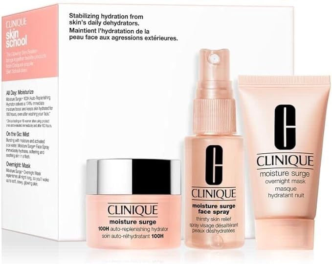 Clinique Moisture Surge Skincare Set, 100H Auto-Replenishing Hydrator 15 ml + Face Spray Thirsty Skin Relief 30 ml + Overnight Mask 30 ml - British D'sire