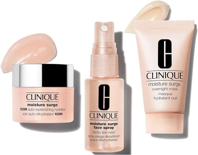 Clinique Moisture Surge Skincare Set, 100H Auto-Replenishing Hydrator 15 ml + Face Spray Thirsty Skin Relief 30 ml + Overnight Mask 30 ml - British D'sire