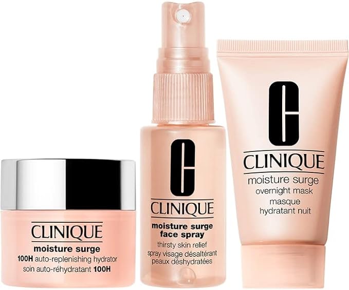 Clinique Moisture Surge Skincare Set, 100H Auto-Replenishing Hydrator 15 ml + Face Spray Thirsty Skin Relief 30 ml + Overnight Mask 30 ml - British D'sire