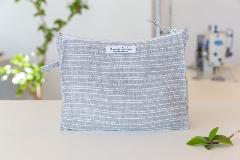 Cloudy Grey Stripe linen large makeup bag - Large cosmetic bags - British D'sire