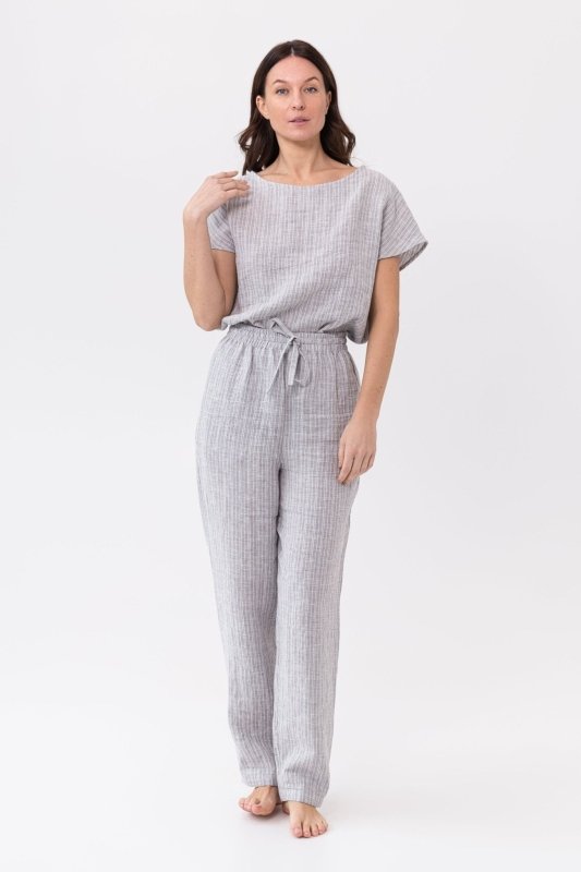 Cloudy Grey Stripe linen / Natural Linen Pajama set / Linen loungewear / Linen sleepwear - Sleepwear & Loungewear - British D'sire