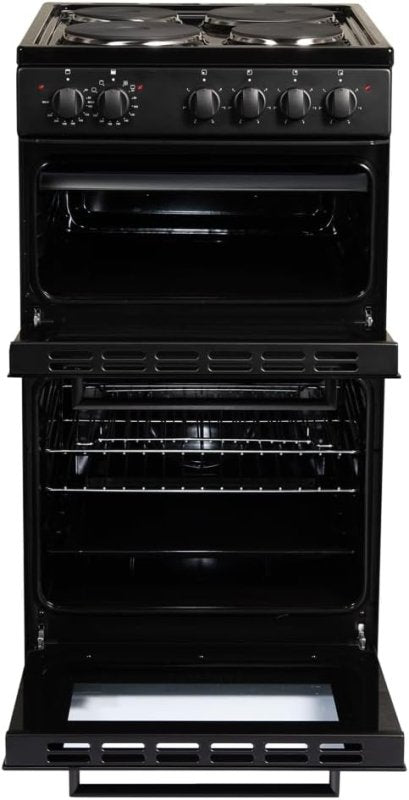 Cookology CFSPTC502BK 50cm Wide Freestanding Electric Twin Cavity Cooker, Combined 93 Litre Capacity with 4 Zone Solid Plate Top Hob Cooktop - British D'sire