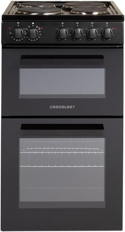 Cookology CFSPTC502BK 50cm Wide Freestanding Electric Twin Cavity Cooker, Combined 93 Litre Capacity with 4 Zone Solid Plate Top Hob Cooktop - British D'sire