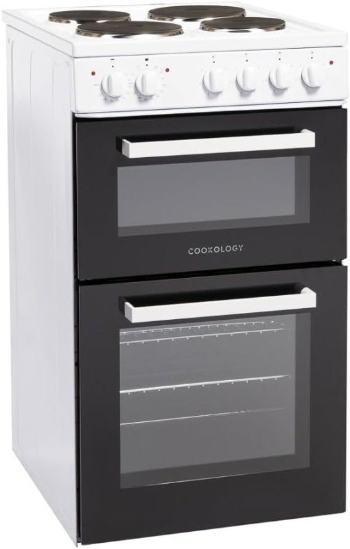 Cookology CFSPTC502BK 50cm Wide Freestanding Electric Twin Cavity Cooker, Combined 93 Litre Capacity with 4 Zone Solid Plate Top Hob Cooktop - British D'sire