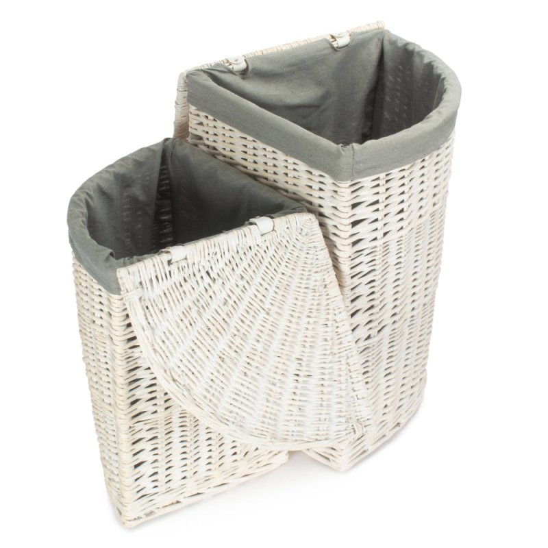 Corner White Wash Laundry Hamper with Grey Sage Lining - Laundry Baskets - British D'sire