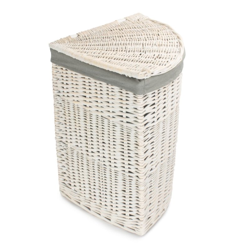 Corner White Wash Laundry Hamper with Grey Sage Lining - Laundry Baskets - British D'sire