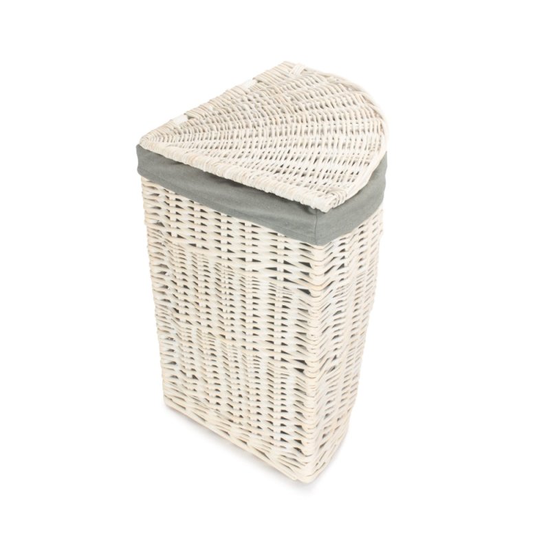 Corner White Wash Laundry Hamper with Grey Sage Lining - Laundry Baskets - British D'sire