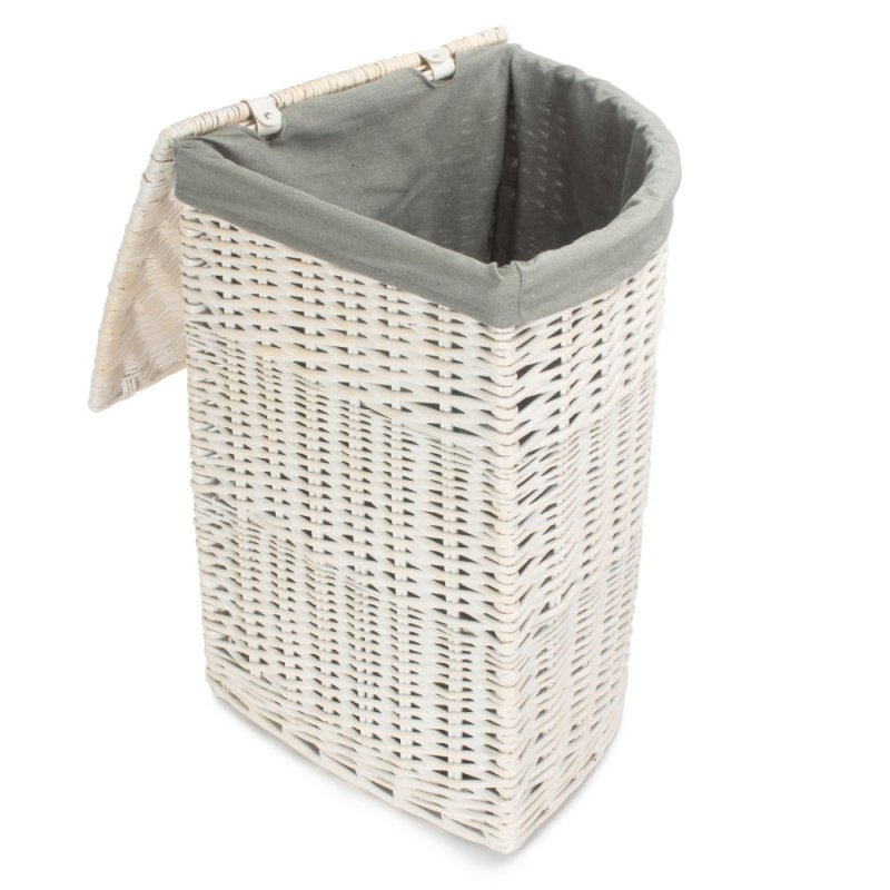 Corner White Wash Laundry Hamper with Grey Sage Lining - Laundry Baskets - British D'sire