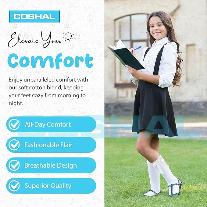 COSHAL® 3 Pairs Girls Knee High School Socks Cotton Socks with Fluffy Ribbons Bow, Back to School Socks Uniform Party Wear Long Socks Girls Bow Knee High School Socks - Kids socks - British D'sire