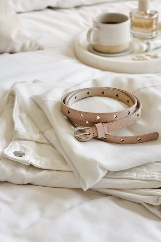 Cream PU Skinny Belt with Heart Holes - Belts - British D'sire