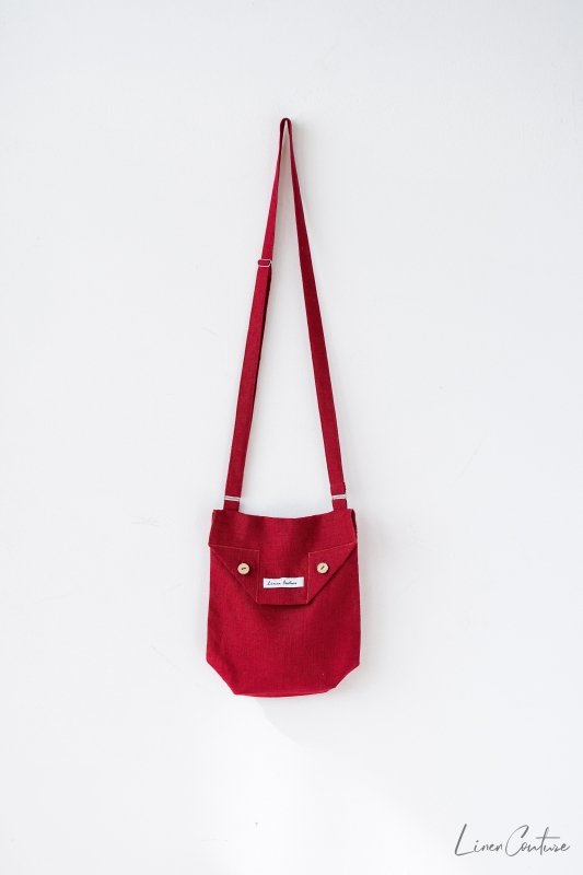 Cyclamen Red Linen Shoulder Bag with Coconut Buttons and Adjustable Strap - Shoulder Bag - British D'sire