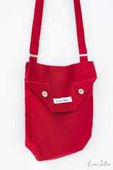 Cyclamen Red Linen Shoulder Bag with Coconut Buttons and Adjustable Strap - Shoulder Bag - British D'sire