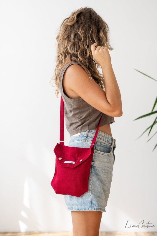 Cyclamen Red Linen Shoulder Bag with Coconut Buttons and Adjustable Strap - Shoulder Bag - British D'sire