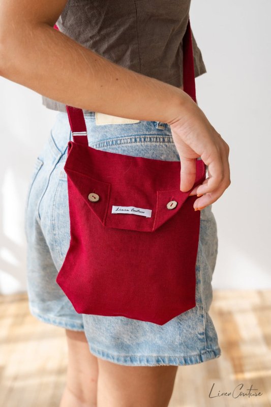 Cyclamen Red Linen Shoulder Bag with Coconut Buttons and Adjustable Strap - Shoulder Bag - British D'sire