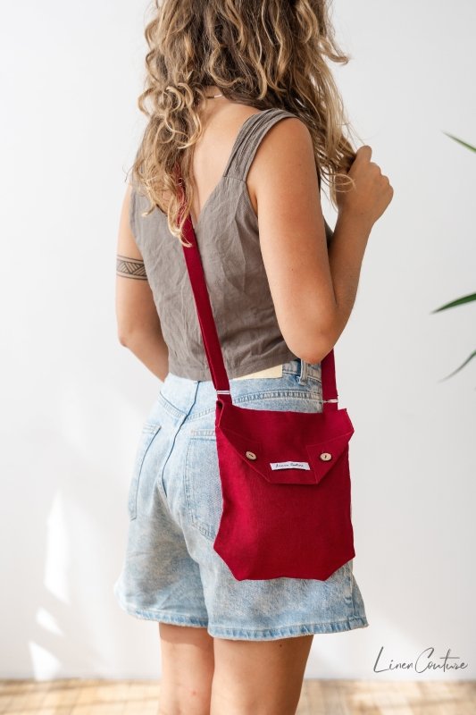 Cyclamen Red Linen Shoulder Bag with Coconut Buttons and Adjustable Strap - Shoulder Bag - British D'sire