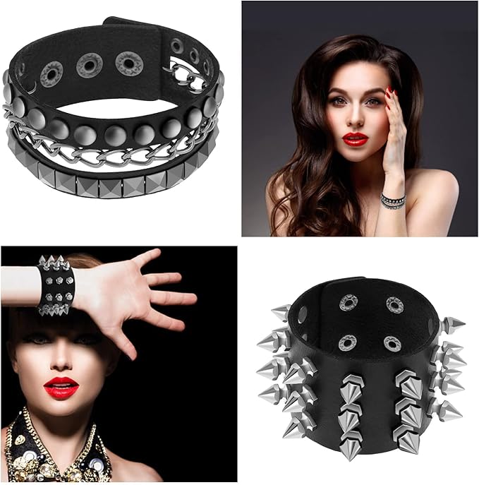 Dacitiery 6 Pcs Punk Studded Bracelet Rivets Bracelet, Black Metal Spike Studded Rivets Bracelet Cuff for Mens Womens Rock Vintage Gothic Style Adult - Women's Bracelets - British D'sire