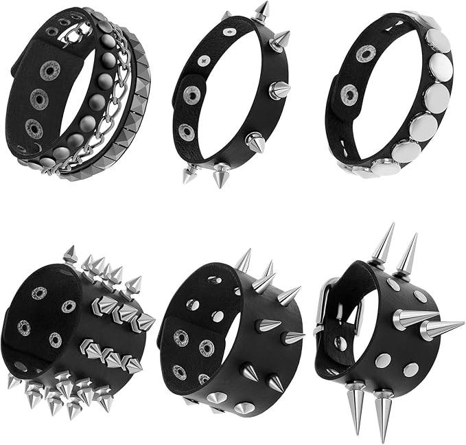 Dacitiery 6 Pcs Punk Studded Bracelet Rivets Bracelet, Black Metal Spike Studded Rivets Bracelet Cuff for Mens Womens Rock Vintage Gothic Style Adult - Women's Bracelets - British D'sire