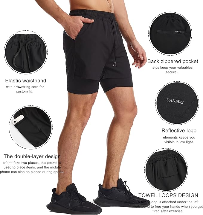 Danfiki Men Running Shorts Men's Shorts Workout with Phone Pocket 2 in 1 Gym Training Shorts Lightweight Quick Drying - Men's Shorts and Boxers - British D'sire