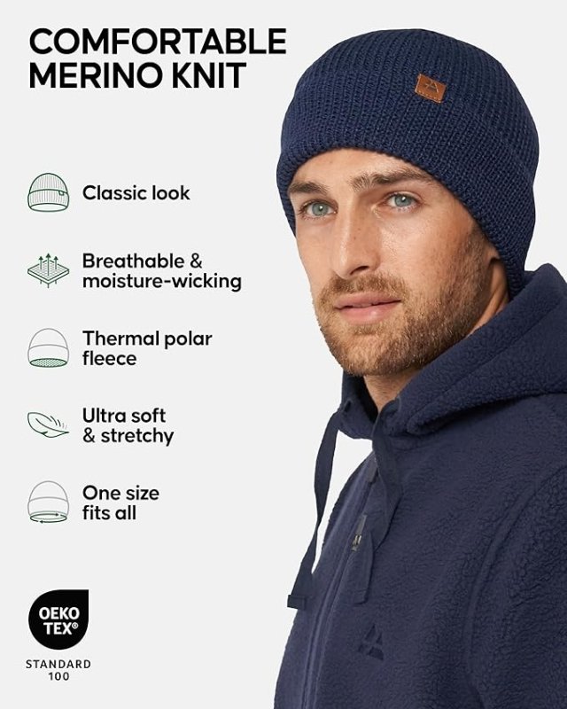 DANISH ENDURANCE Merino Wool Beanie Hat, Warm Fleece Lining, Thermal Autumn Winter Hats, Fisherman Beanie, Knit, for Men and Women, Unisex - Hats & Caps - British D'sire