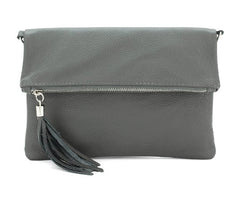 Dark Grey Chiara Italian Foldover Leather Clutch - British D'sire