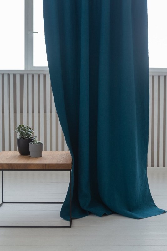 Dark Sea Blue linen curtain with blackout, tape - Blackout - British D'sire