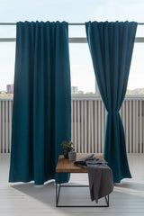 Dark Sea Blue linen curtain with blackout, tape - Blackout - British D'sire