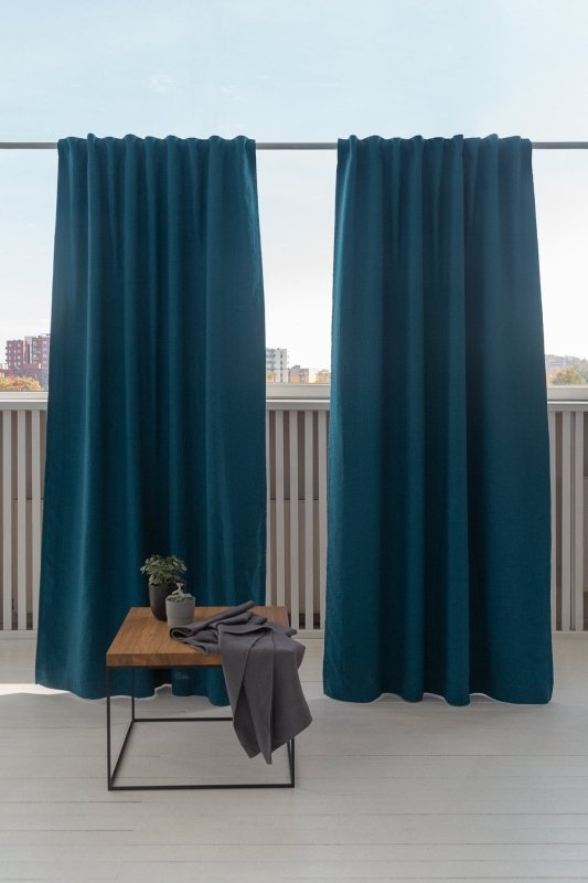 Dark Sea Blue linen curtain with blackout, tape - Blackout - British D'sire