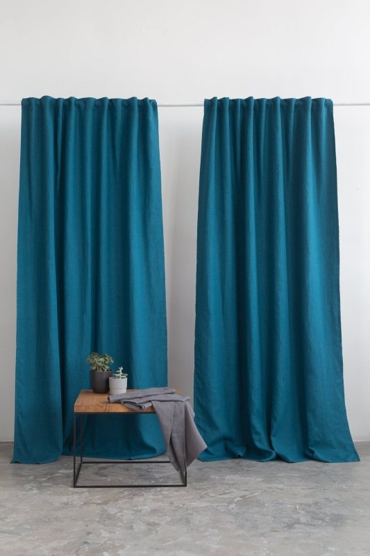 Dark Sea Blue linen curtain with blackout, tape - Blackout - British D'sire