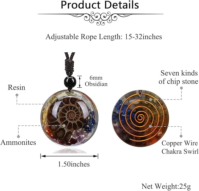 Del Corso 7 Chakra Pendant Necklace Ammonite Healing Crystal Stone Spiral Necklace Gift - Charms & Pendants - British D'sire