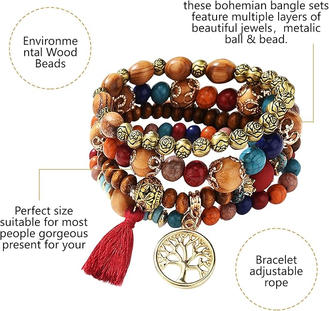 Del Corso Feibety Boho Beaded Bracelet,4 - Pack Multi - Layer Bohemian Wooden Beaded Bracelet,Elastic Bracelet,Tassel Bracelet Tourist Souvenir Tree Of Life Bracelet Women, Bracelet Set Can Be Stacked Or Worn Alone - Bracelets & Bangles - British D'sire