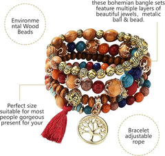 Del Corso Feibety Boho Beaded Bracelet,4 - Pack Multi - Layer Bohemian Wooden Beaded Bracelet,Elastic Bracelet,Tassel Bracelet Tourist Souvenir Tree Of Life Bracelet Women, Bracelet Set Can Be Stacked Or Worn Alone - Bracelets & Bangles - British D'sire