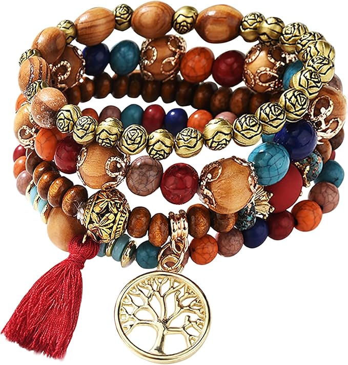 Del Corso Feibety Boho Beaded Bracelet,4 - Pack Multi - Layer Bohemian Wooden Beaded Bracelet,Elastic Bracelet,Tassel Bracelet Tourist Souvenir Tree Of Life Bracelet Women, Bracelet Set Can Be Stacked Or Worn Alone - Bracelets & Bangles - British D'sire