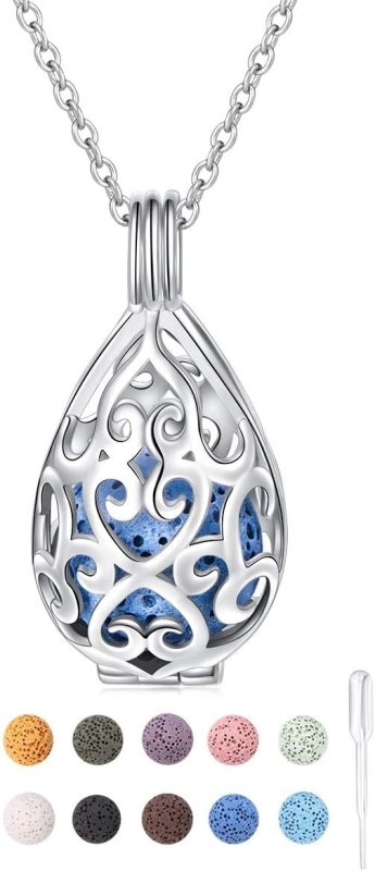 Del Corso - S925 Sterling Silver Aromatherapy Essential Oil Diffuser Necklace Love Heart Locket Perfume Pendant Necklace Jewelry 18+2" Adjustable Chain, Sterling Silver - Necklaces & Pendants - British D'sire