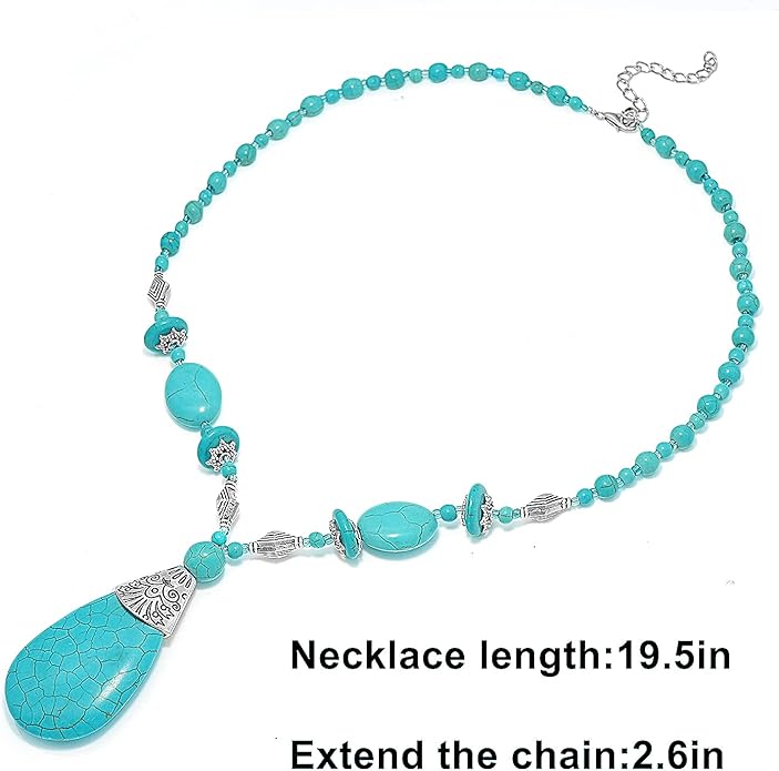 Del Corso Turquoise Gemstone Pendant Necklace Long Bohemian Beaded Necklace for Women - Necklaces & Pendants - British D'sire