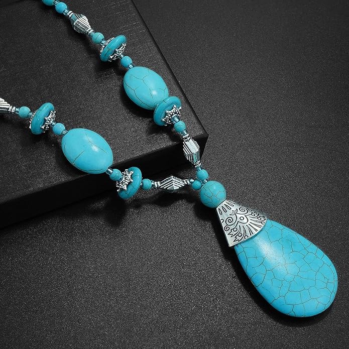 Del Corso Turquoise Gemstone Pendant Necklace Long Bohemian Beaded Necklace for Women - Necklaces & Pendants - British D'sire