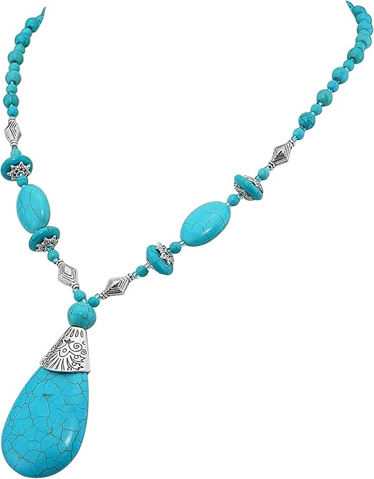 Del Corso Turquoise Gemstone Pendant Necklace Long Bohemian Beaded Necklace for Women - Necklaces & Pendants - British D'sire