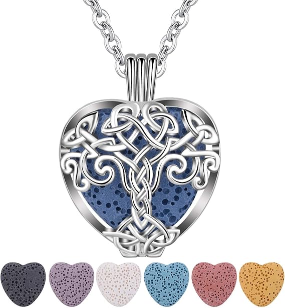 Del Corso - Womens Scented Essential Oils Diffuser Necklace, Silver Celtic Tree of Life Heart Locket Pendant with Volcanics, Fragrance Aromatherapy Jewellery - Necklaces & Pendants - British D'sire