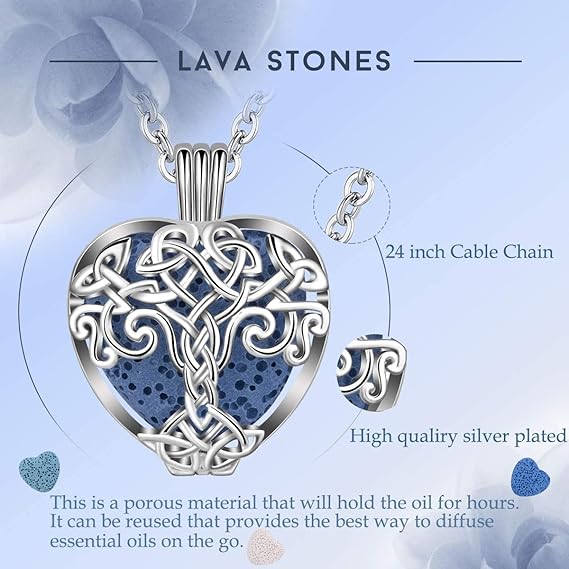 Del Corso - Womens Scented Essential Oils Diffuser Necklace, Silver Celtic Tree of Life Heart Locket Pendant with Volcanics, Fragrance Aromatherapy Jewellery - Necklaces & Pendants - British D'sire