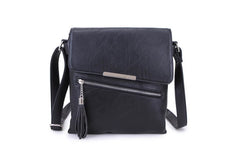 Designer Cross Body Bag With Flap 'n' Tassel - Black - British D'sire