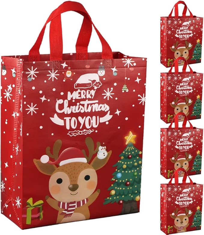 DOJoykey Christmas Bags, 5pcs Red Christmas Tote Bags with Handle Non - woven Fabric Gift Bags Large Size for Xmas Gift Delivering Shopping Party Decoration - Reusable Shopper Bags - British D'sire